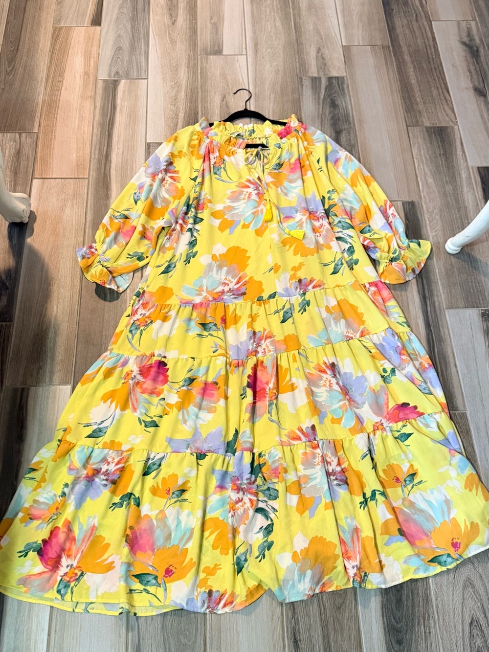 easel Yellow Floral Tiered Maxi Dress with Tassel Tie - Picture 5 of 9
